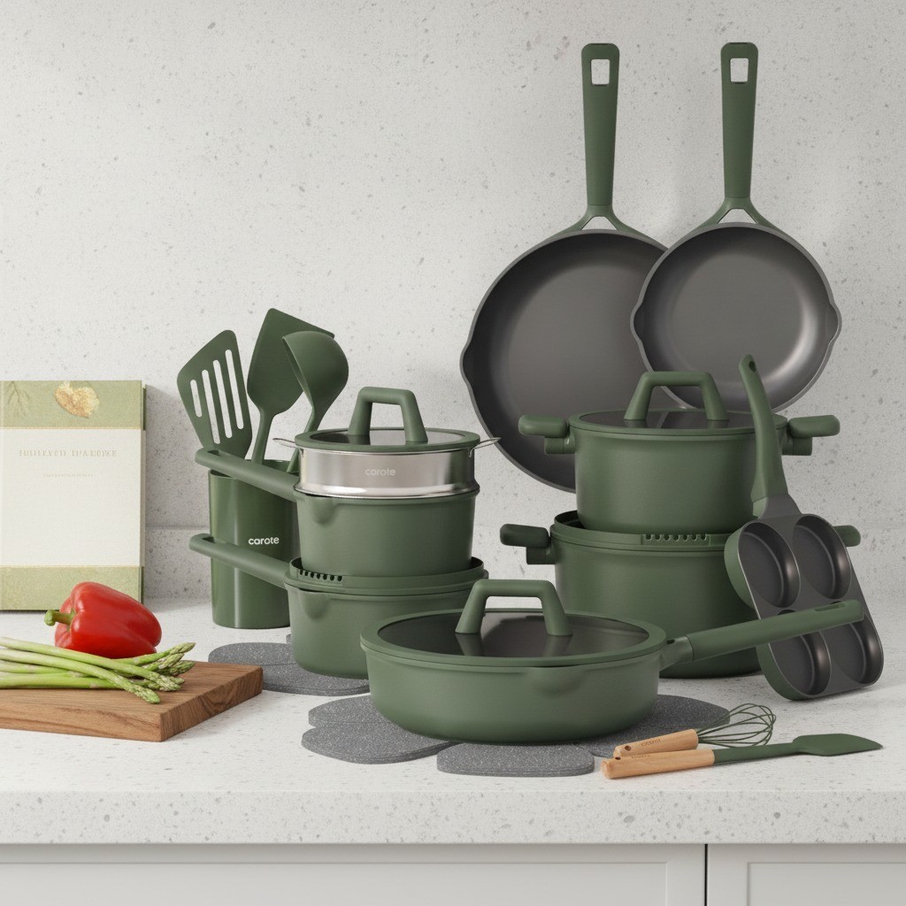 31-Piece Nonstick Cookware Set, Green, Egg Pan, Steamer, Silicone Utensils