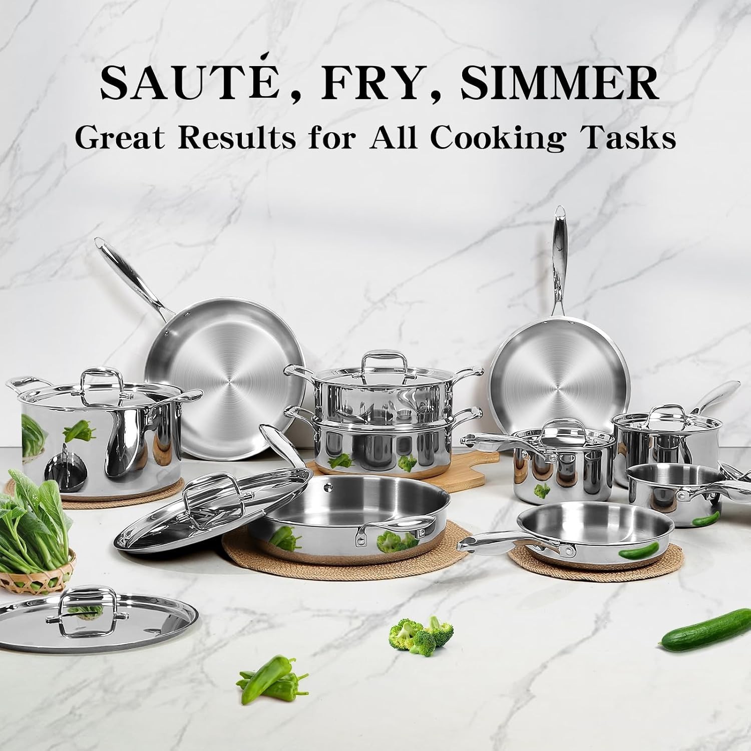 Stainless Steel Cookware Set, 3 Ply 17 Piece Stainless Steel Pot and Pan Set,…