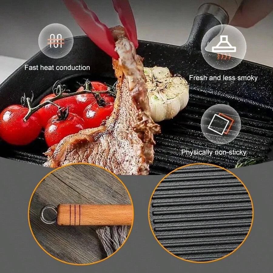 Cast Iron Grill Pan Steak Frying Skillet Wooden Handle BBQ Camping Kitchen