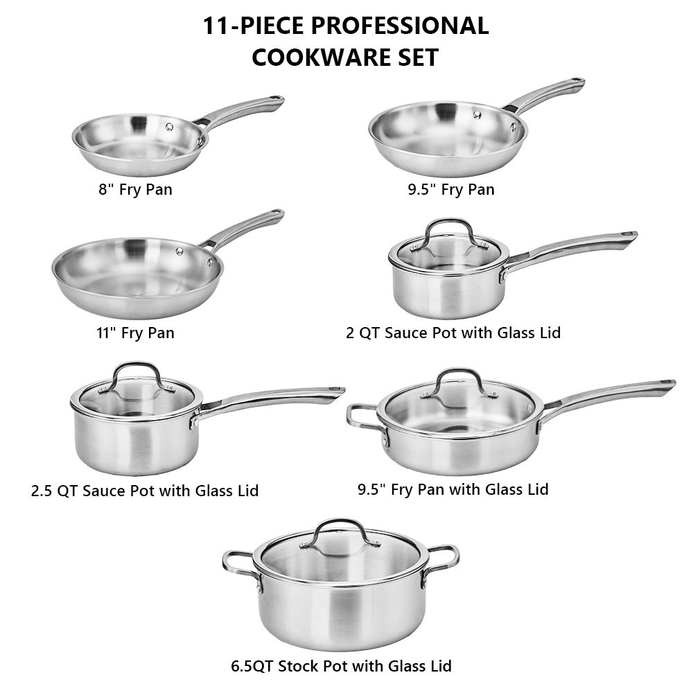 11-Piece Stainless Steel Cookware Set with Frying Pan, Frying Pan, Saute Pan New