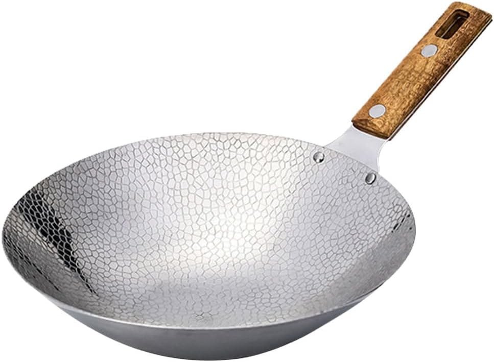 13 Inch Stainless Steel Cooking Wok with Wooden Handle Hanging Hole Traditional