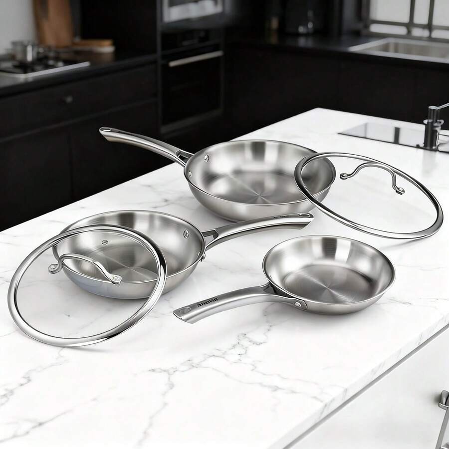 All-In-One Three-Layer Skillet Set, 3 Pieces (8/10/12 Inches), With Lid, Even