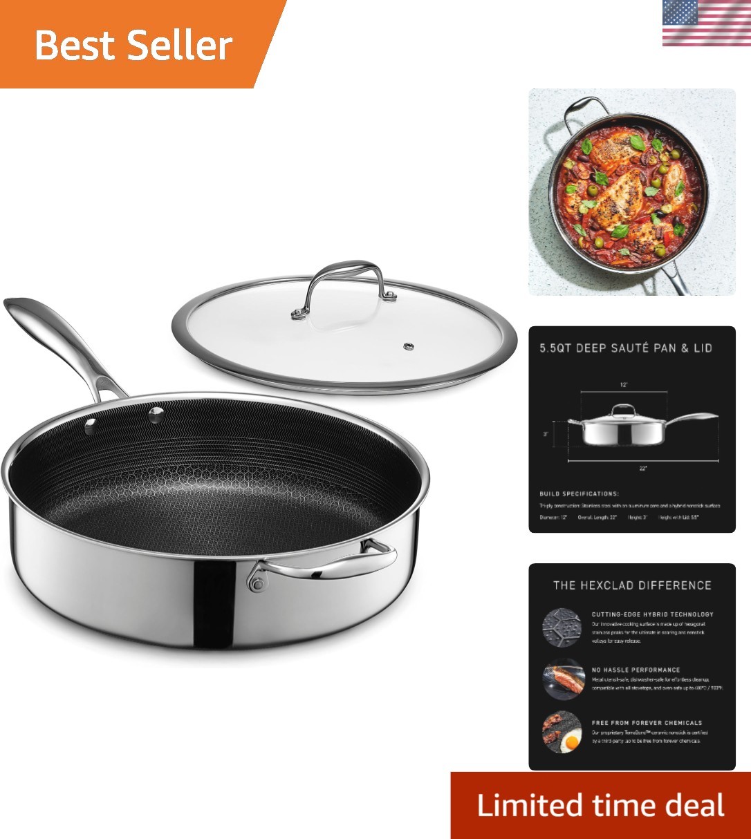 Nonstick Deep Sauté Pan 5.5 Quart with Glass Lid Induction Safe Dishwasher Safe