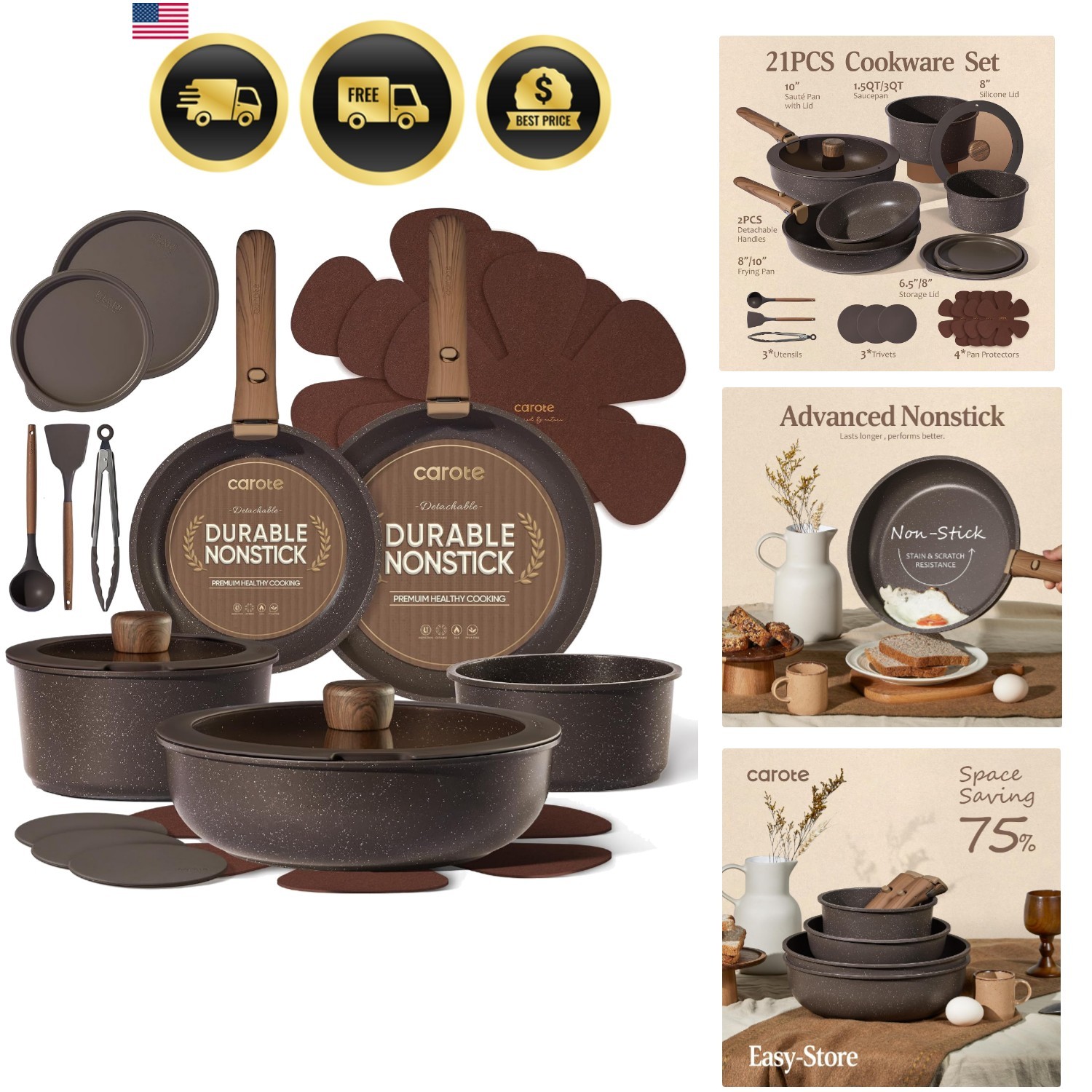 21PCS Pots and Pans Set Non Stick with Detachable Handle, Nonstick Cookware S…