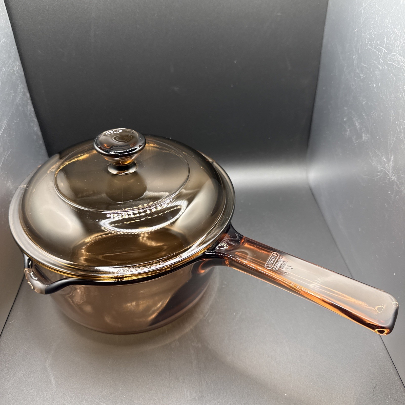 Corning Vision Ware Amber Glass Sauce Pan 1 L Pyrex Cookware Pot With Lid USA