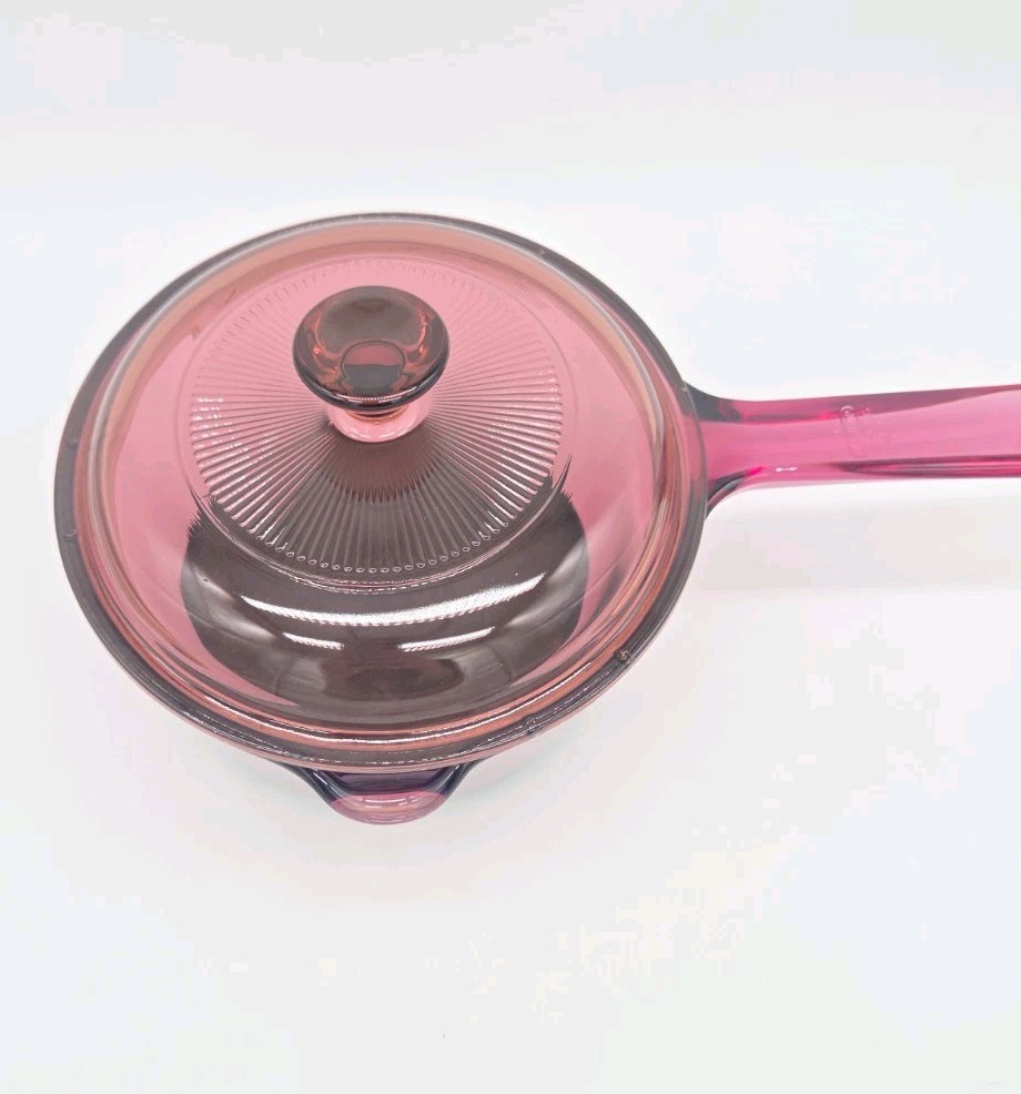Vtg Corning Ware Vision Cranberry Glass 1L Sauce Pan Pot Teflon Bottom Pyrex Lid