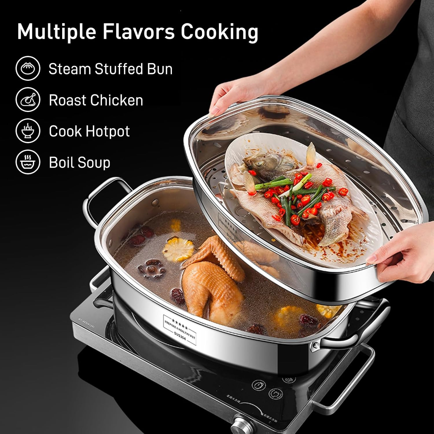 2-Tier Stainless Steel Fish Steamer & Stockpot – Multi-Use Cooking Set