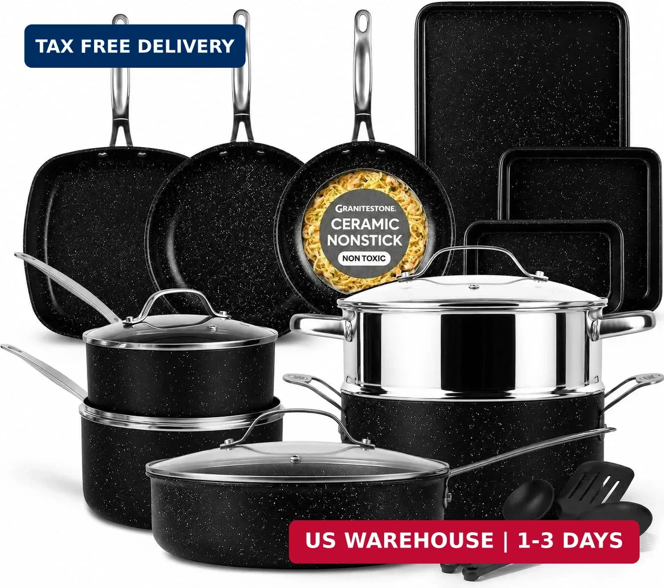 GRANITESTONE 20 Pc Complete Pots and Pans Set Non Stick Cookware Set with Saute