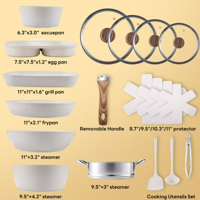 Gianna 17 Pcs Non-Stick Pots and Pans, Non-toxic Kitchen Cooking Set with Stay-C