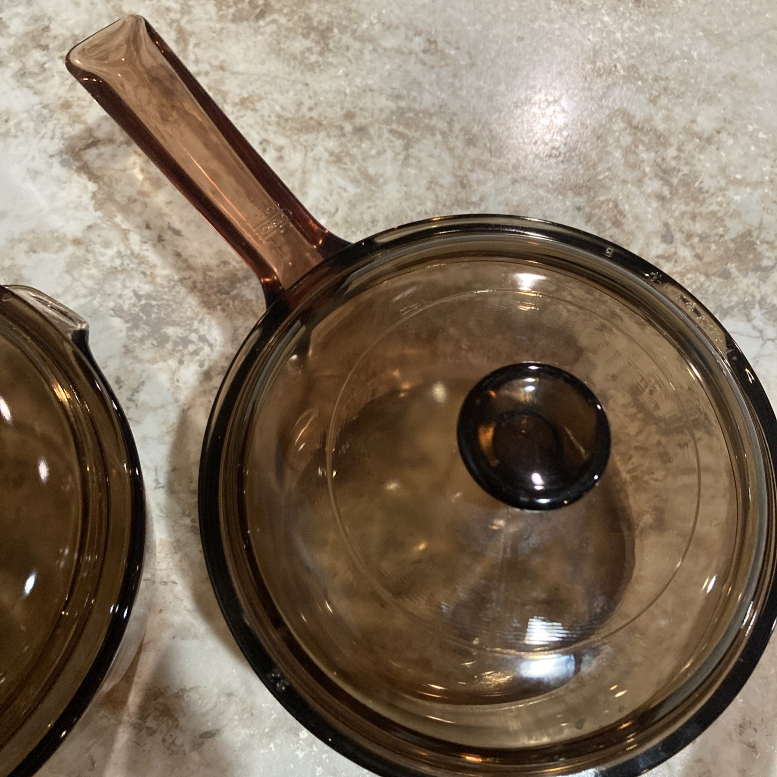 Corning Visions Amber Saucepans 8 PC Set 2.5L, 1.5L, 1L, 1L with Pyrex Lids VTG