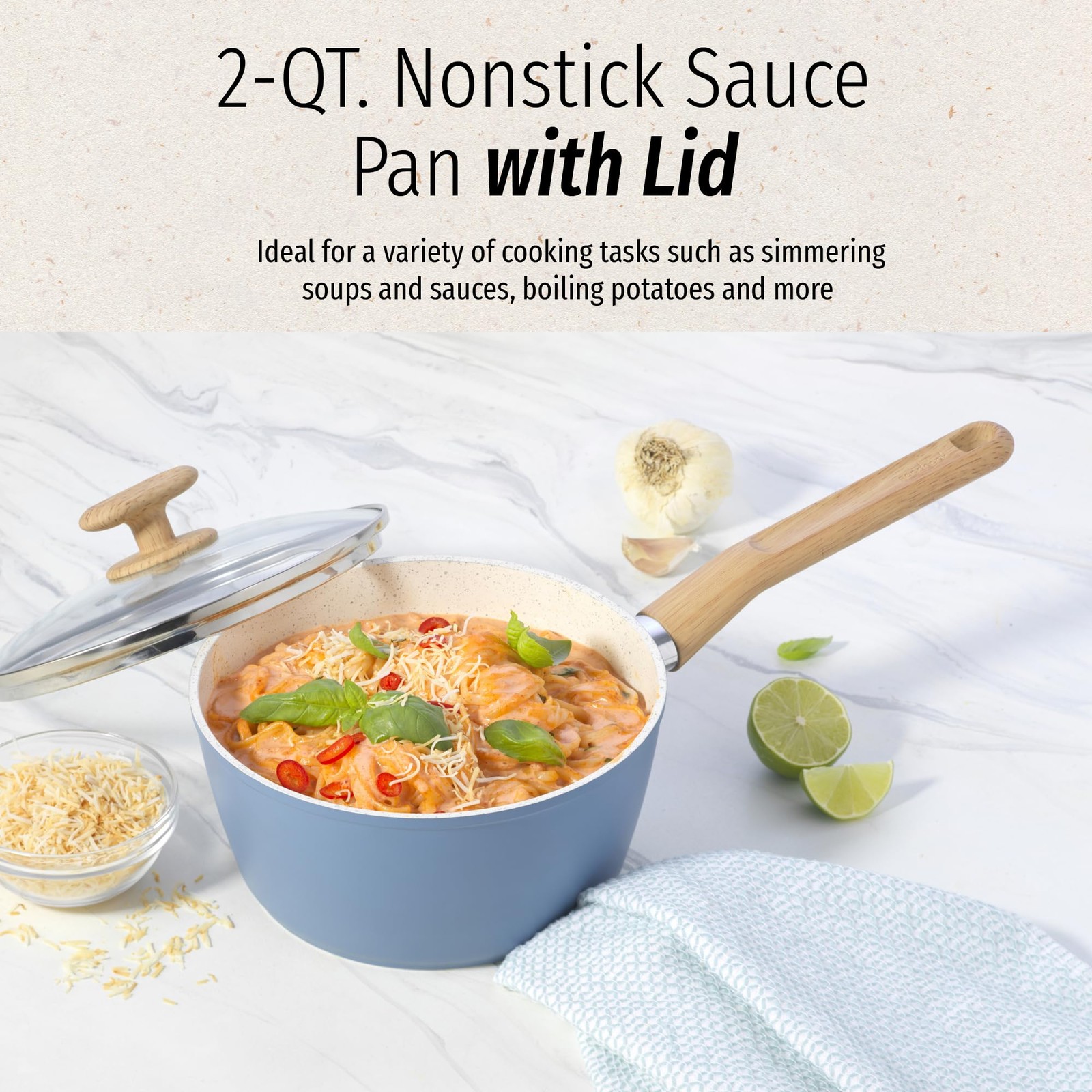 Healthy Ceramic Titanium-Infused 2 Quart Saucepan with Lid, Light Blue – Indu…