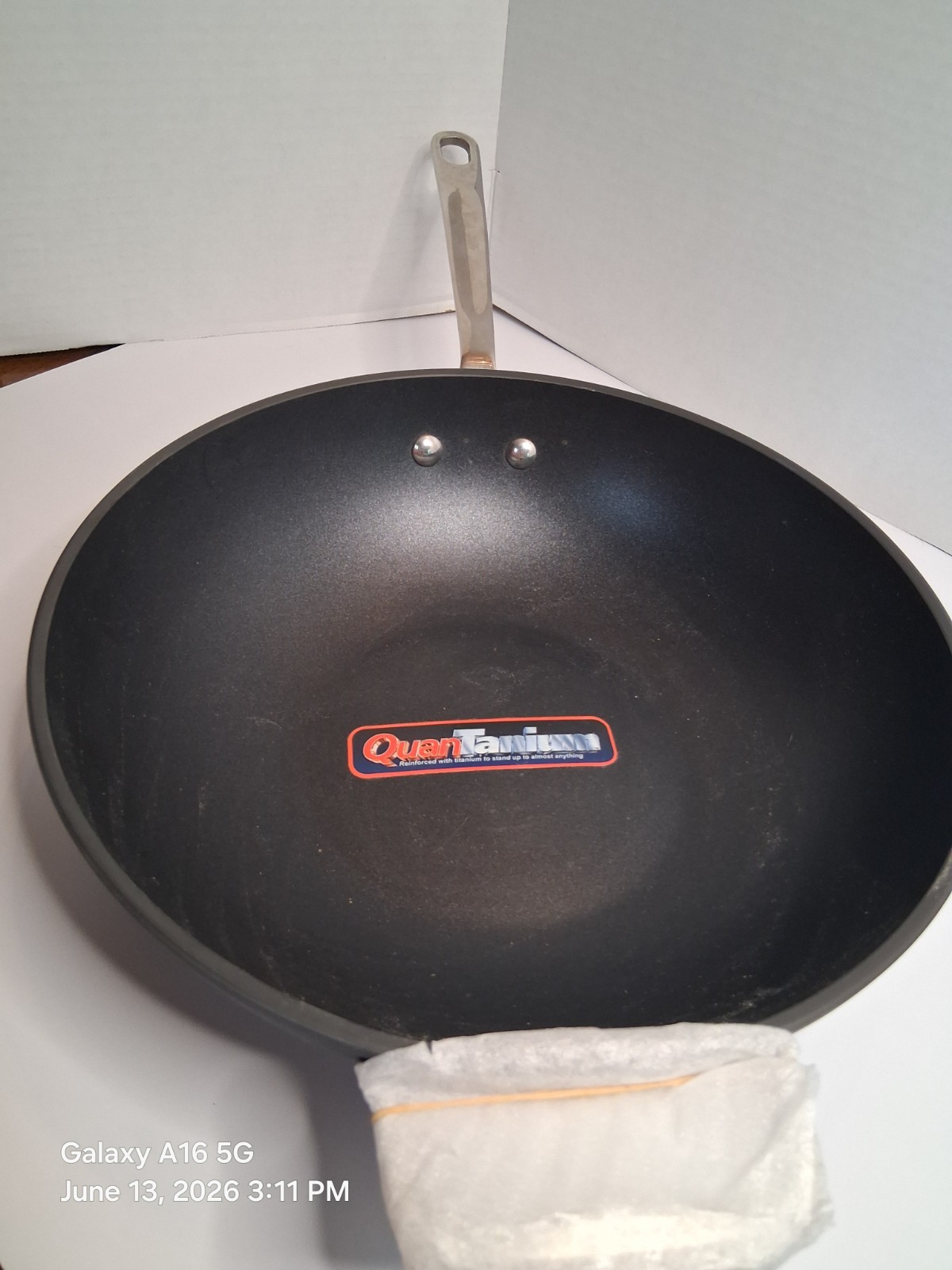 Crate & Barrel Non-Stick Flat-Bottom Wok, Long Handle, Black/Silver
