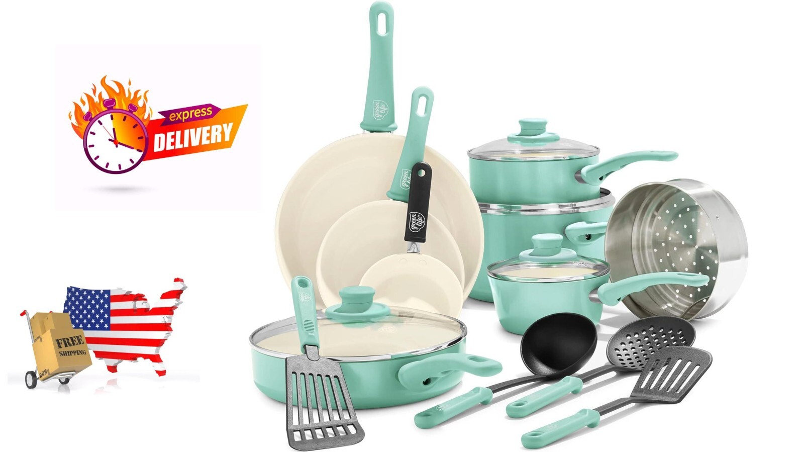16Pcs Healthy Ceramic Nonstick Cookware Set Lid Kitchen Pots Pans Portable Gift