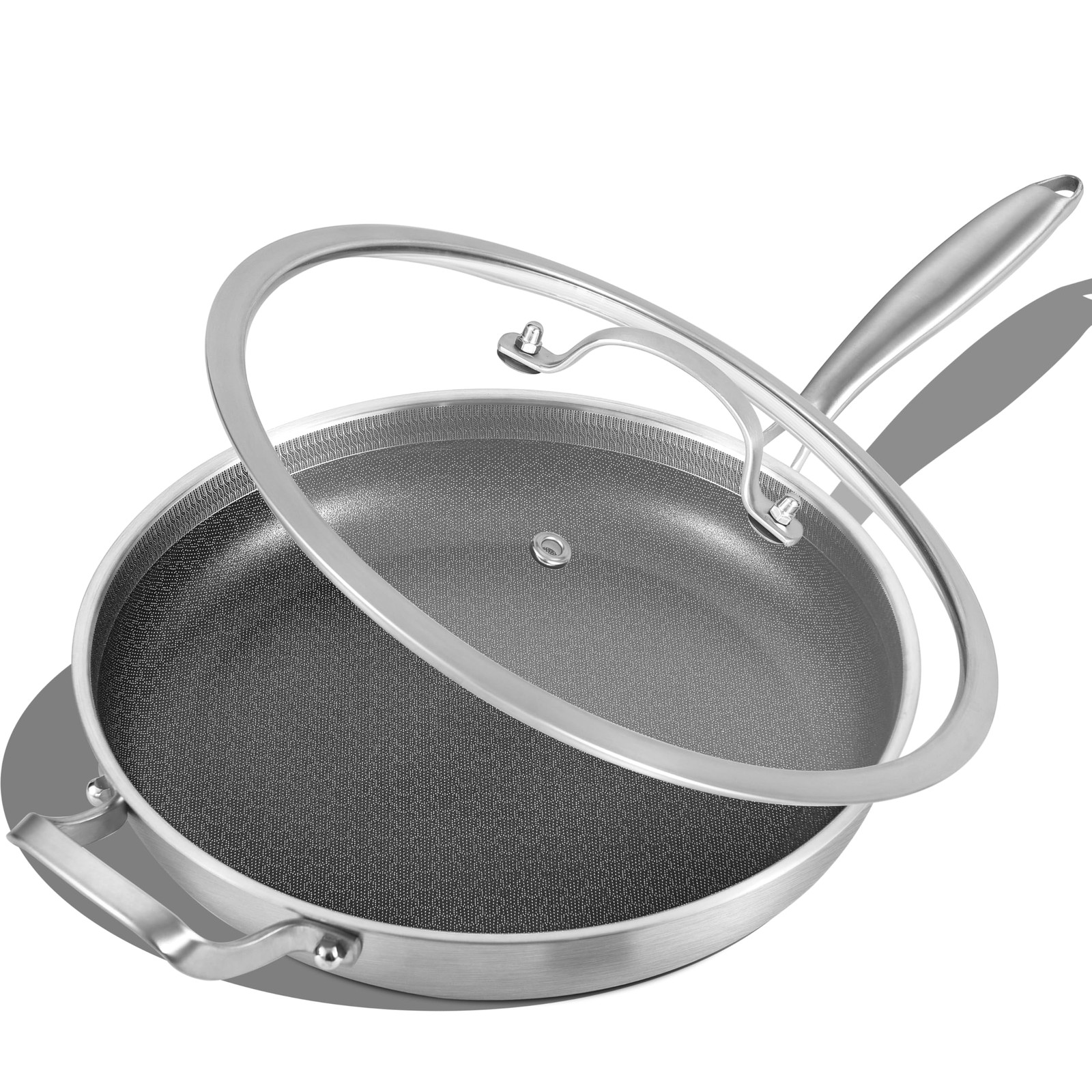 12-Inch Hybrid Tri-Ply Stainless Steel Non Stick Chef’s Frying Pan with Lid a…