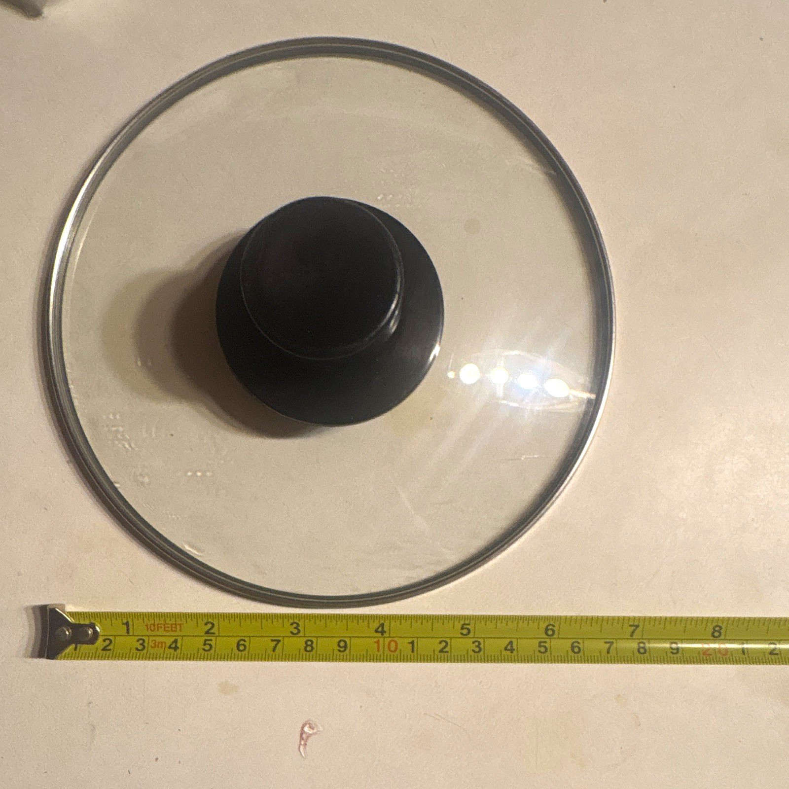 6 in Round Transparent Glass Lid w/ Stainless Steel Rim & Black Knob Handle