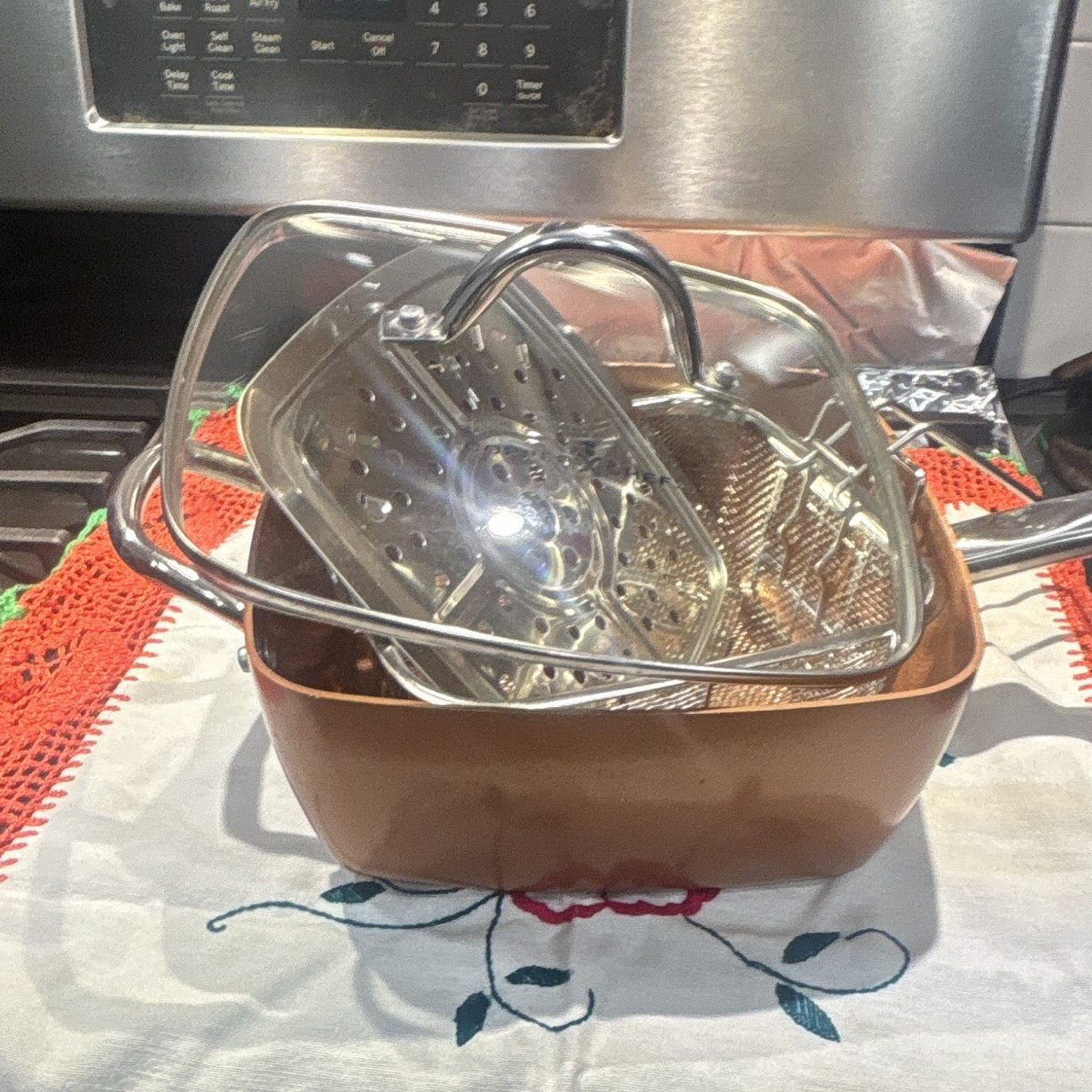 Copper Chef 9.5″ Square Nonstick Fry Pan Set w/ Lid & Fry Basket, Long Handle