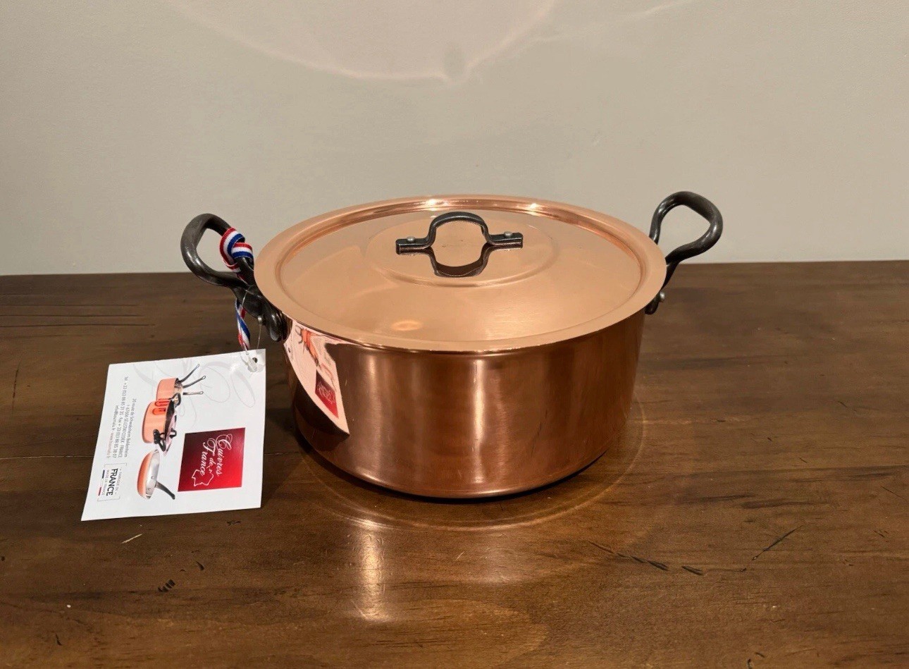 Baumalu Copper 9.5 Inch Stock Pot With Lid. 5lbs 11 oz. Made In France.