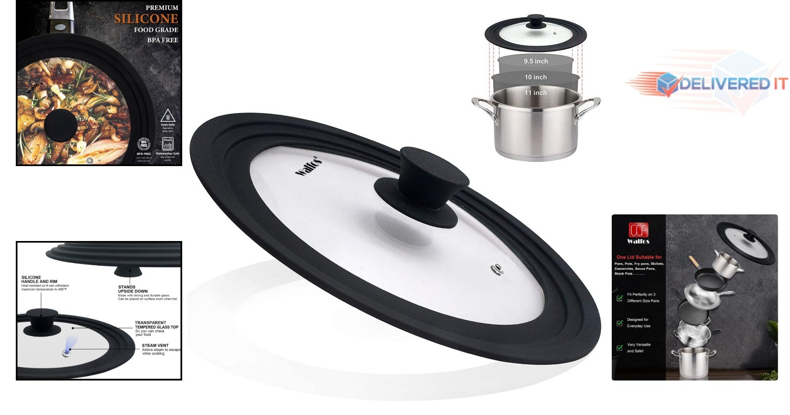 Universal Glass Pot Lid with Silicone Rim Fits 9.5, 10, 11 Inch Cookware