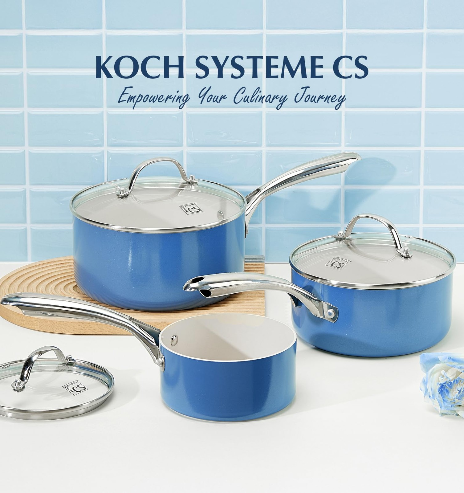 Koch Systeme Cs Nonstick Sauce Pan Lid 1Qt 2Qt 3Qt Non-Toxic Ceramic Set Blue