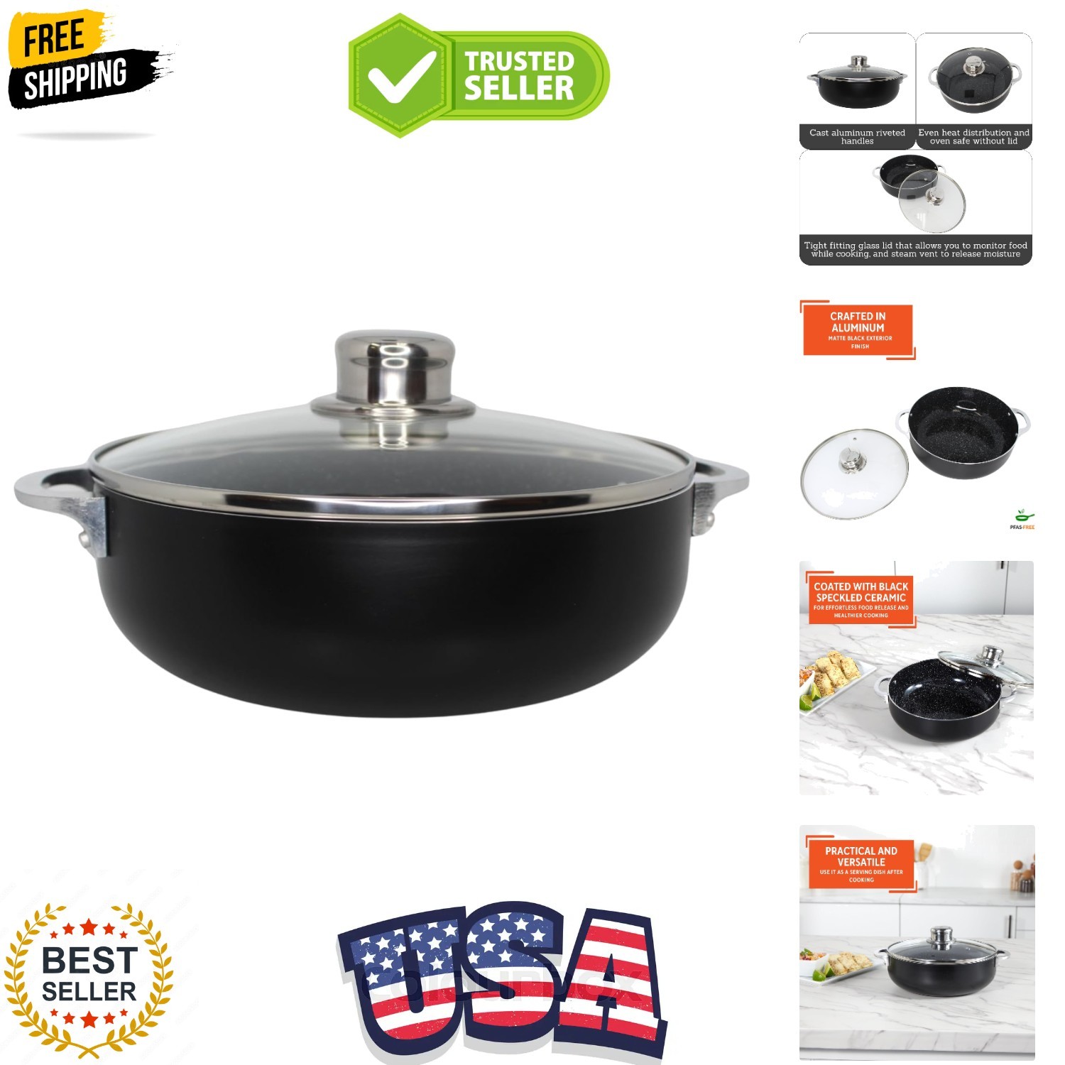 Small 3.2qt Bistro-Cera Aluminum Speckled Black Ceramic Caldero with Glass Li…