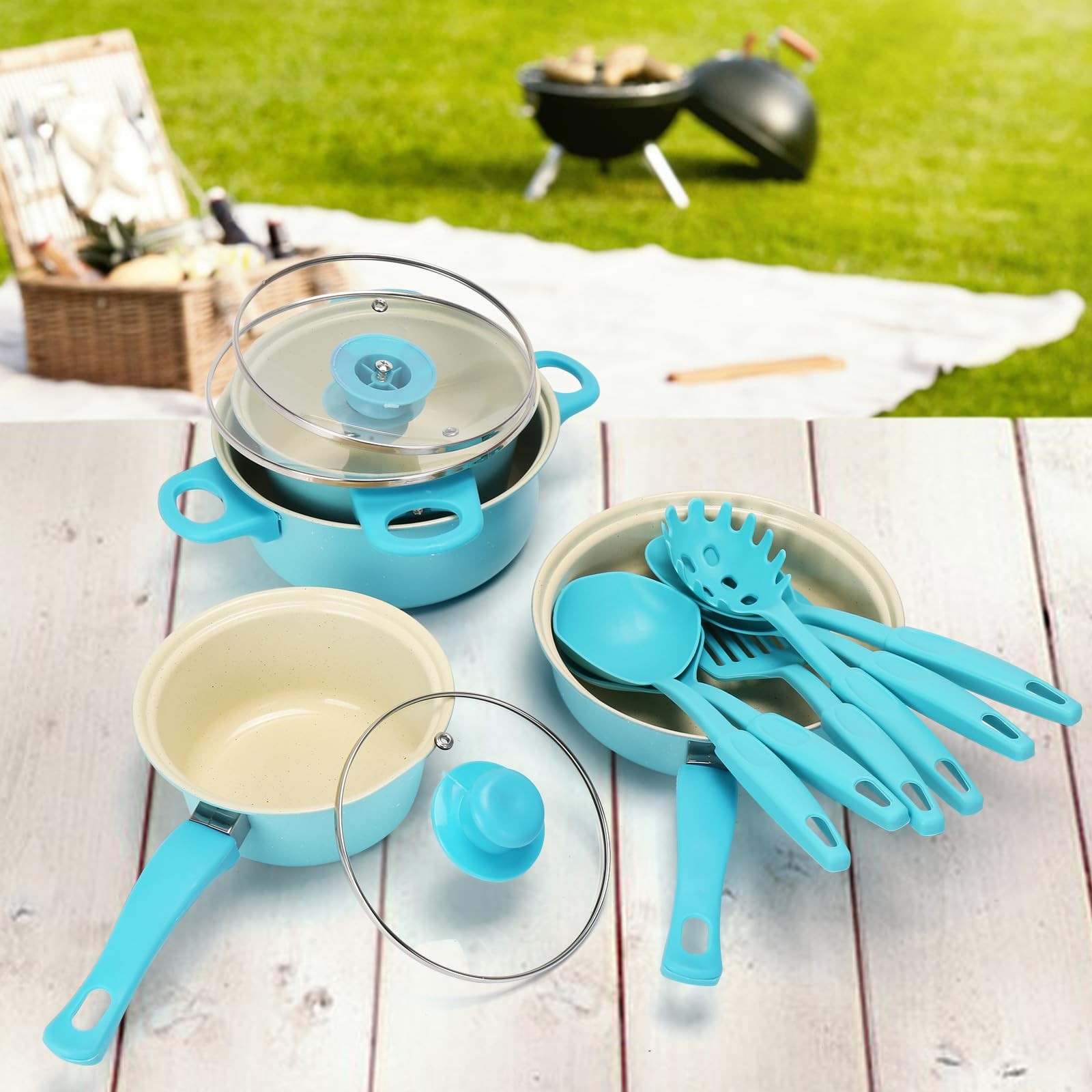 Non-Stick Cookware Set, 13 Piece Set Portable Lightweight Cast Iron Pots and …