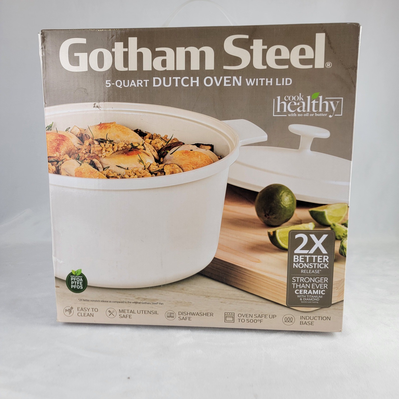 Gotham Steel 5 Quart Dutch Oven with Lid Cream Induction Base PFAO FREE 6057MT