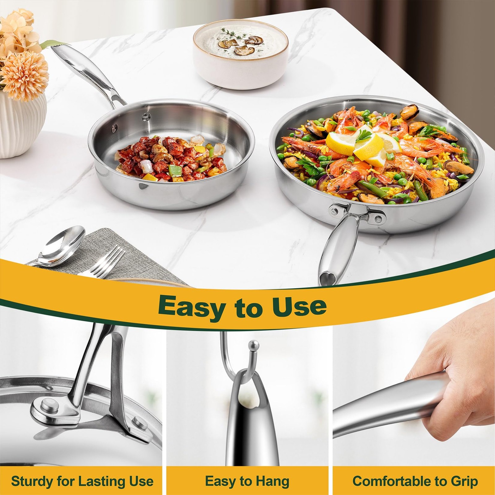 8 & 10 Inch Stainless Steel Frying Pan, 3-Ply Stainless Steel Pan Skillet,