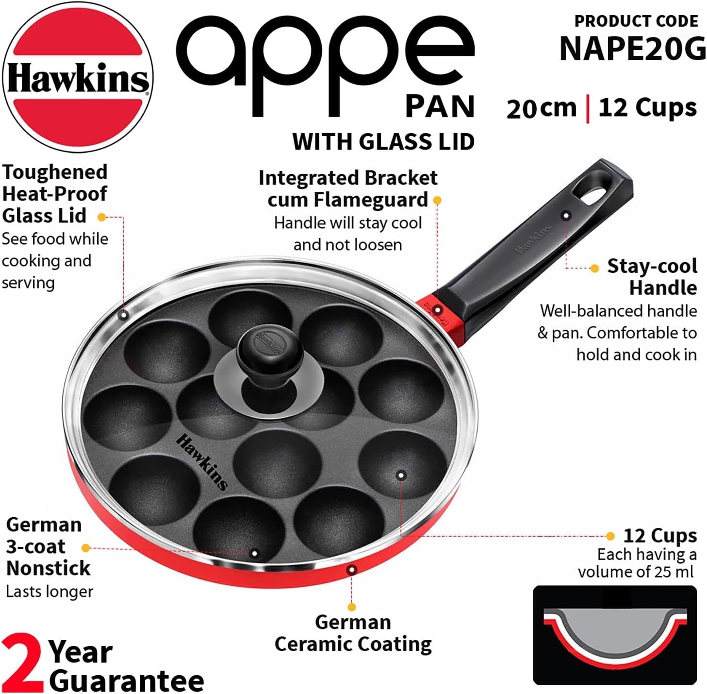 Nonstick Appe Pan with Glass Lid, 12 Cups, Diameter 20 cm, Black, Cast Alumin…