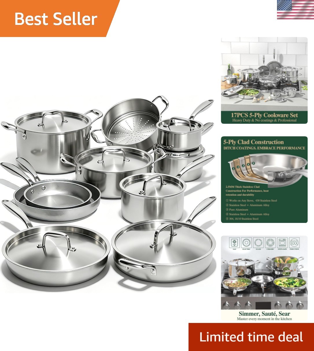 17Pcs 5 Ply Clad Stainless Steel Cookware Set with Lids, Heavy Duty Pots and …