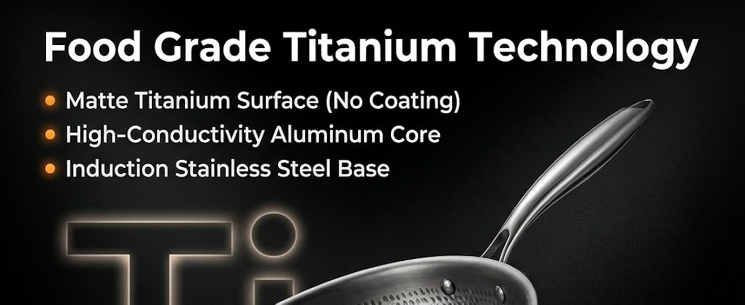 Titanium Frying Pan with Lid, 11.8″ Uncoated Hammered Skillet for Cooking,