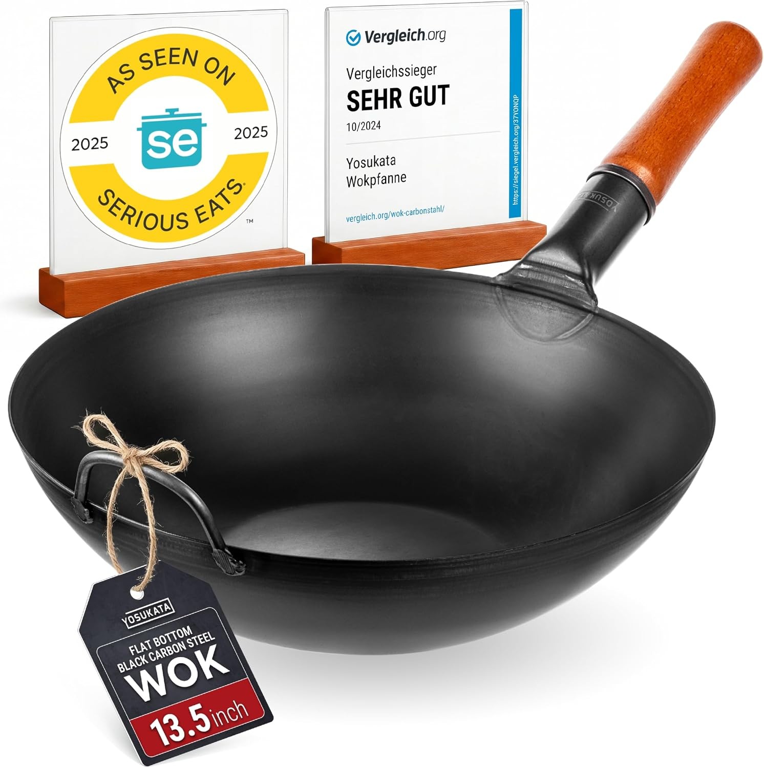 YOSUKATA 13.5in Carbon Steel Wok Pan Pre Seasoned Flat Bottom