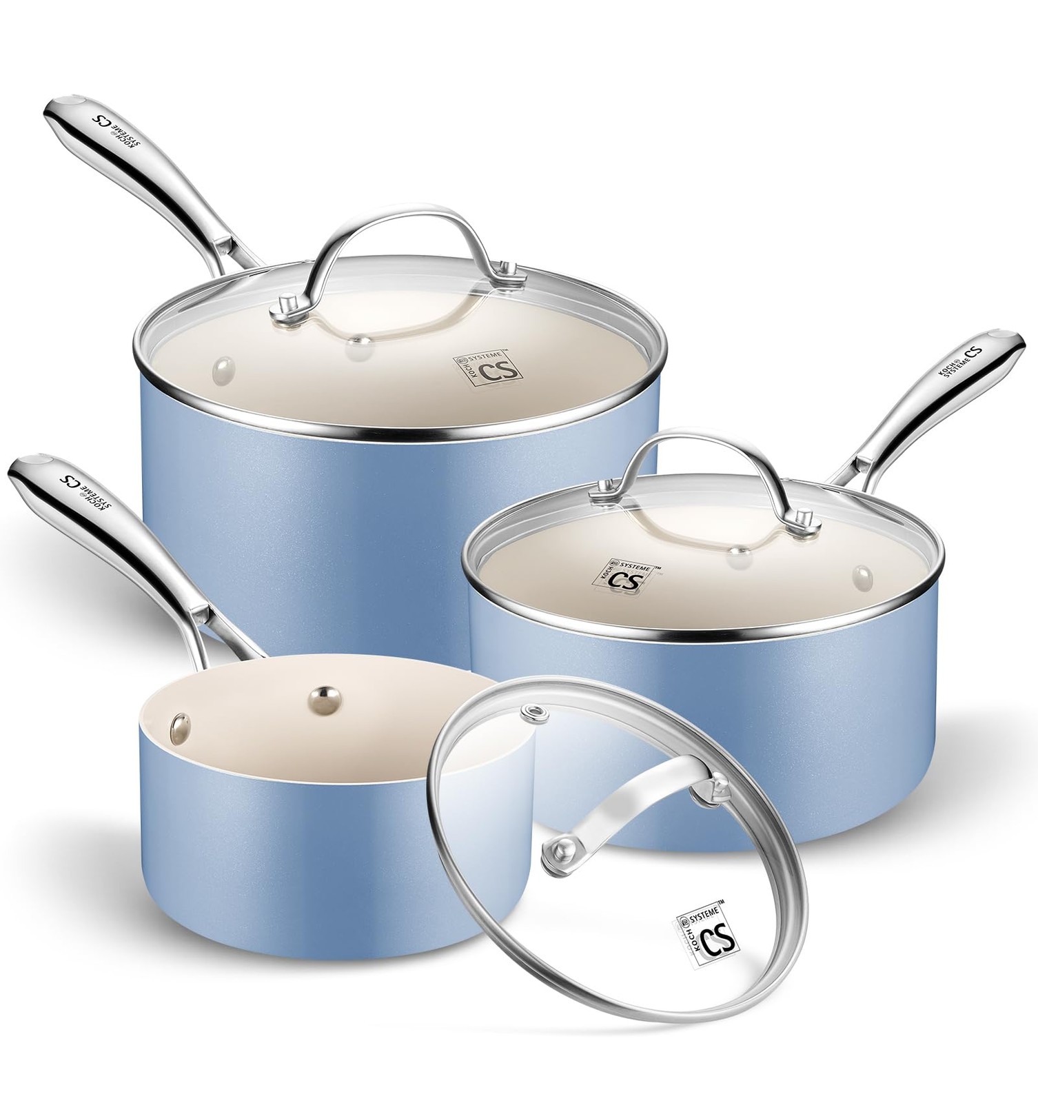 Koch Systeme Cs Nonstick Sauce Pan Lid 1Qt 2Qt 3Qt Non-Toxic Ceramic Set Blue