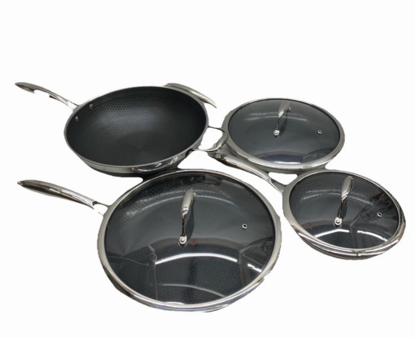 NEW HexClad 7-Piece Cookware Fry Pan Set 8” 10” 12” Inch W/ Lids & 12” Wok