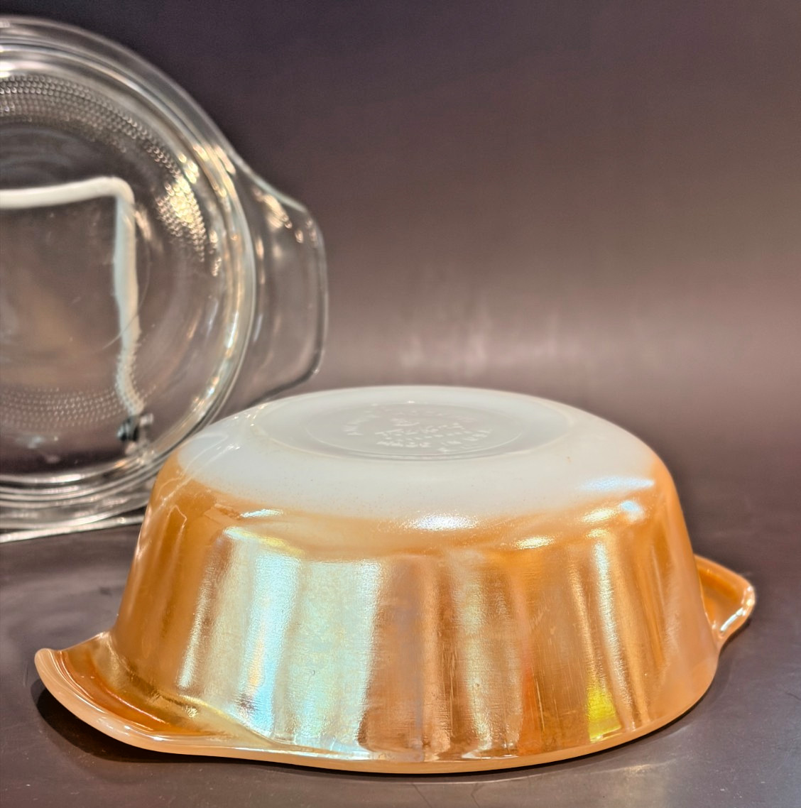 Vintage Fire King Peach Lustre 12oz Individual Casserole Dish w/ Lid Model 472