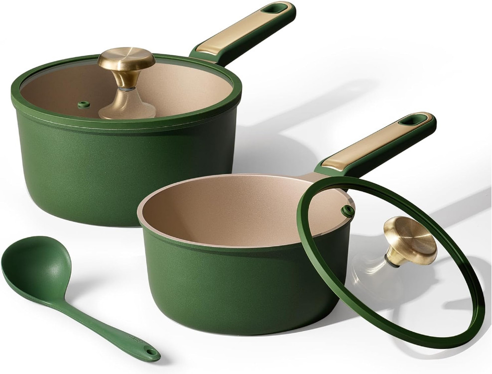 Juego de Cazos Antiadherentes 2QT y 2.5QT con Tapa y Cucharón Verde, Nuevo