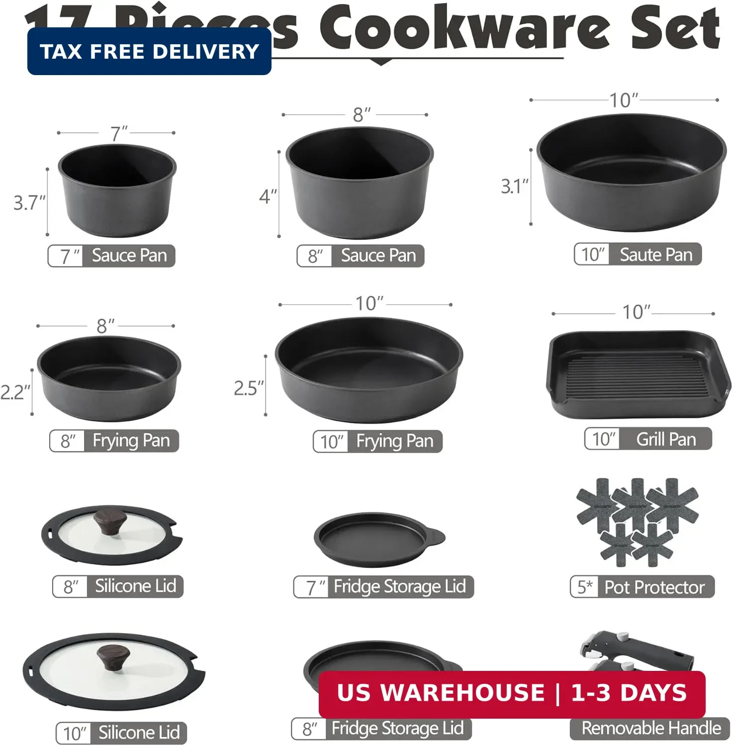 SENSARTE 17 Piece Pots and Pans Set, Nonstick Detachable Handle Cookware Set, In
