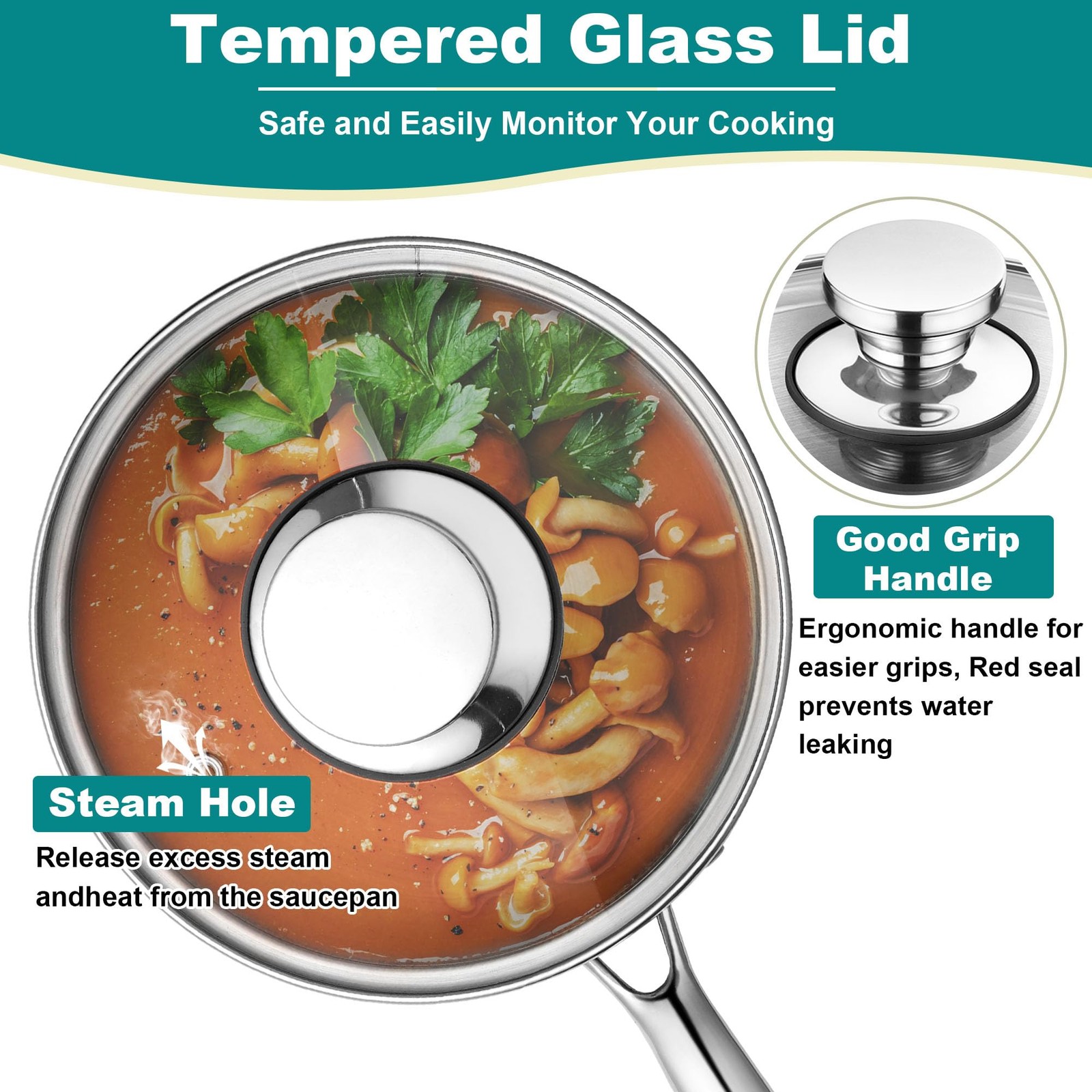 Small 1 Qt Saucepan, Tri-ply Stainless Steel Milk Sauce Pan with Glass Lid, Kitc