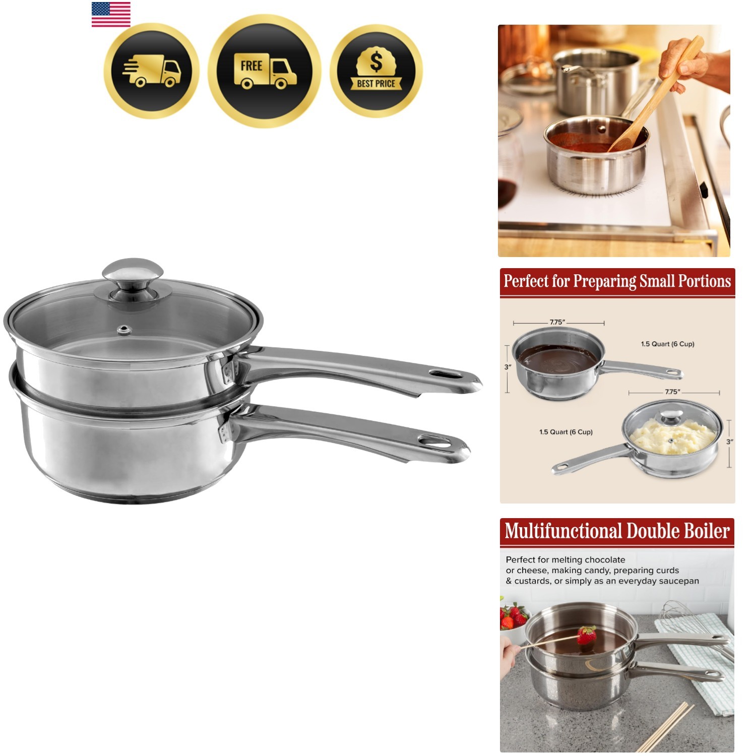 6 Cup Double Boiler Pot Set – 1.5 Quart Stainless-Steel Saucepan 2-in-1 with …