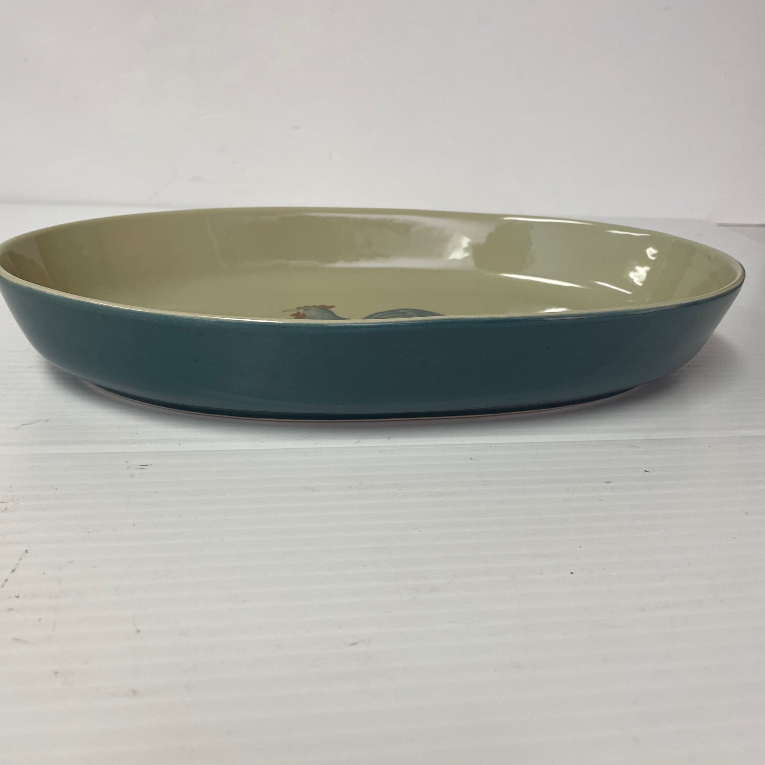 Oval Casserole Blue Rooster On Grey Stoneware By Jacaman Vintage 1983 Nice