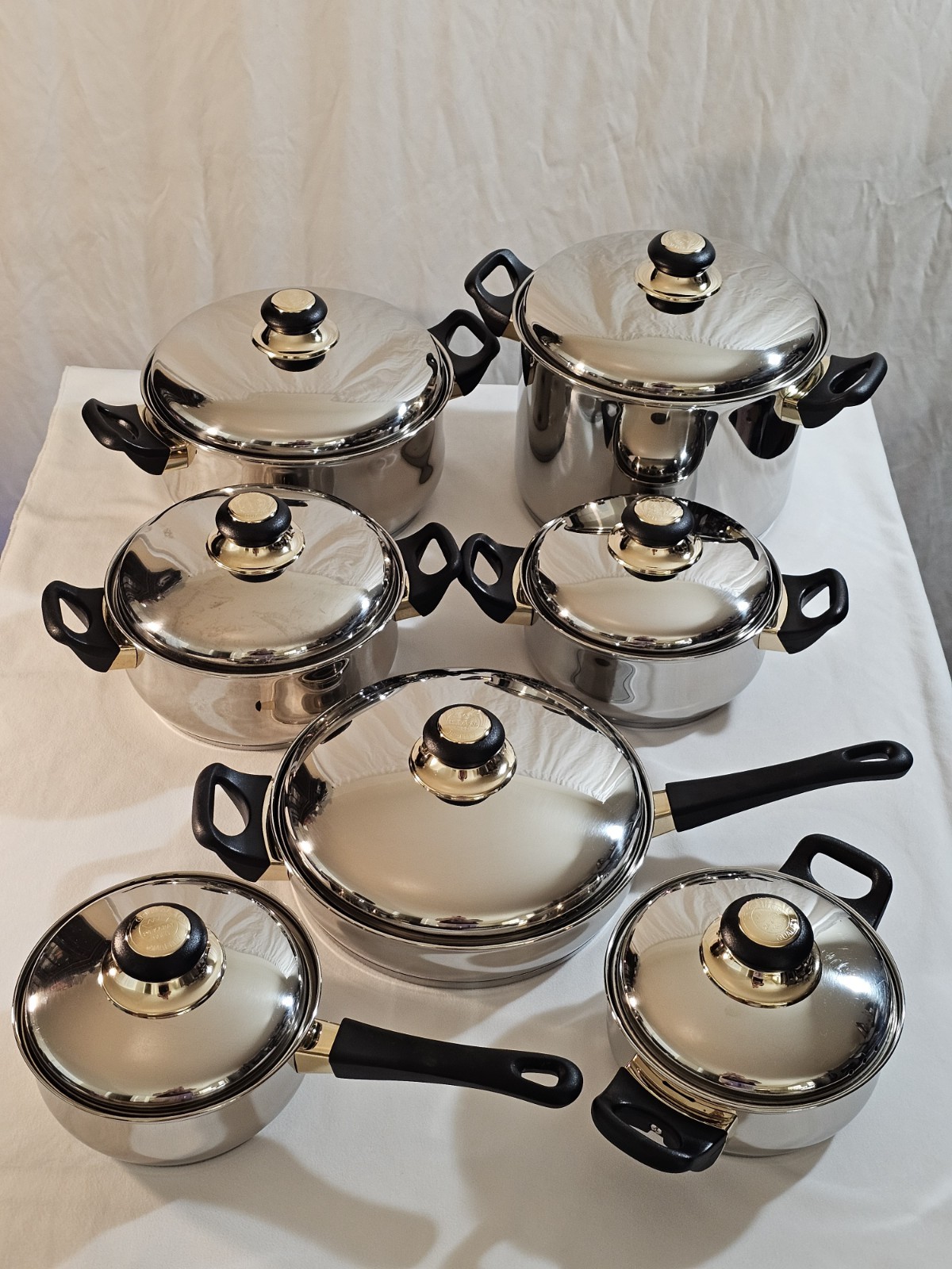 Vtg Cook Well High-quality Stainless Steel Pots & Pans W/Gold Plating -Set Of 11