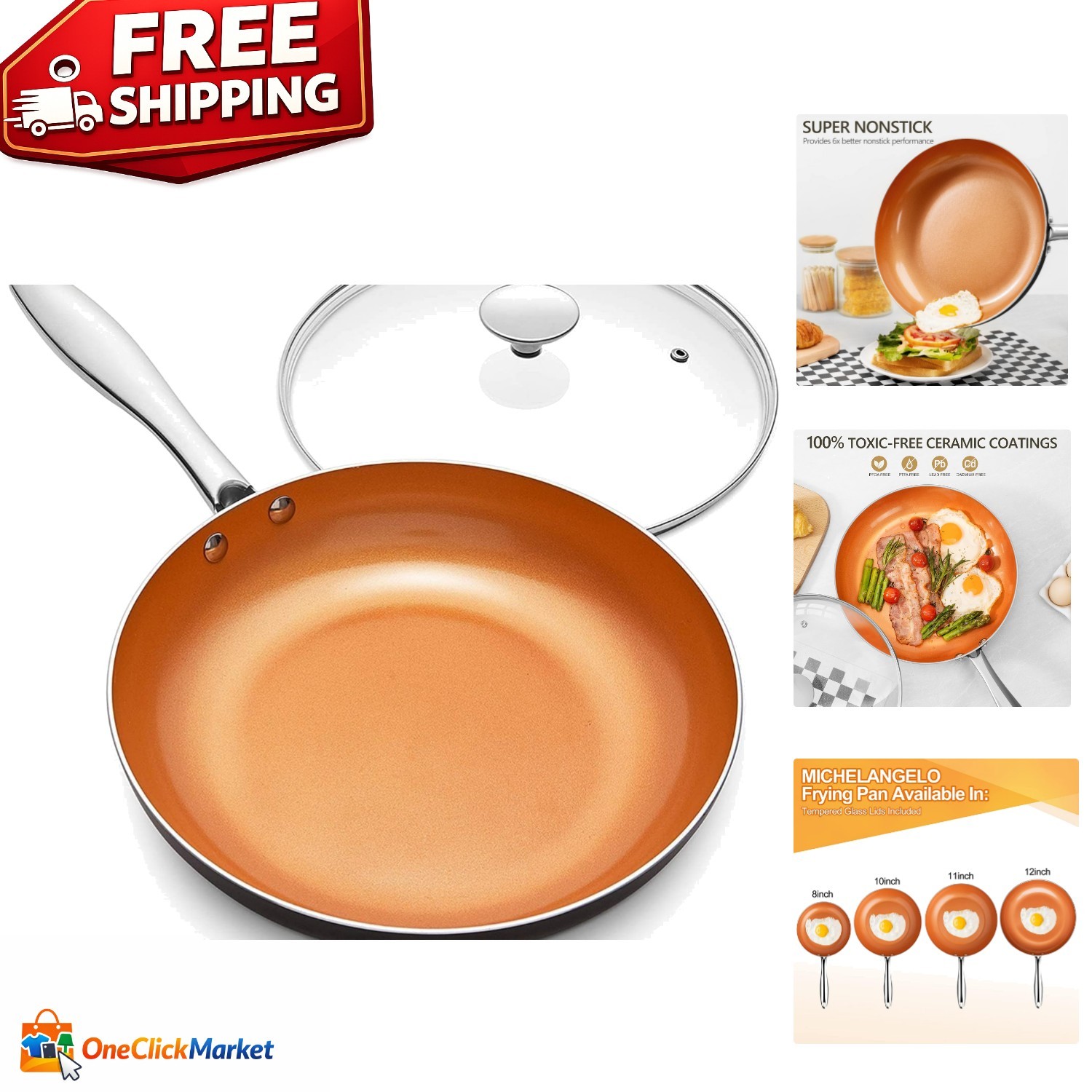 8 Inch Ceramic Titanium Nonstick Frying Pan with Lid – Copper Cookware