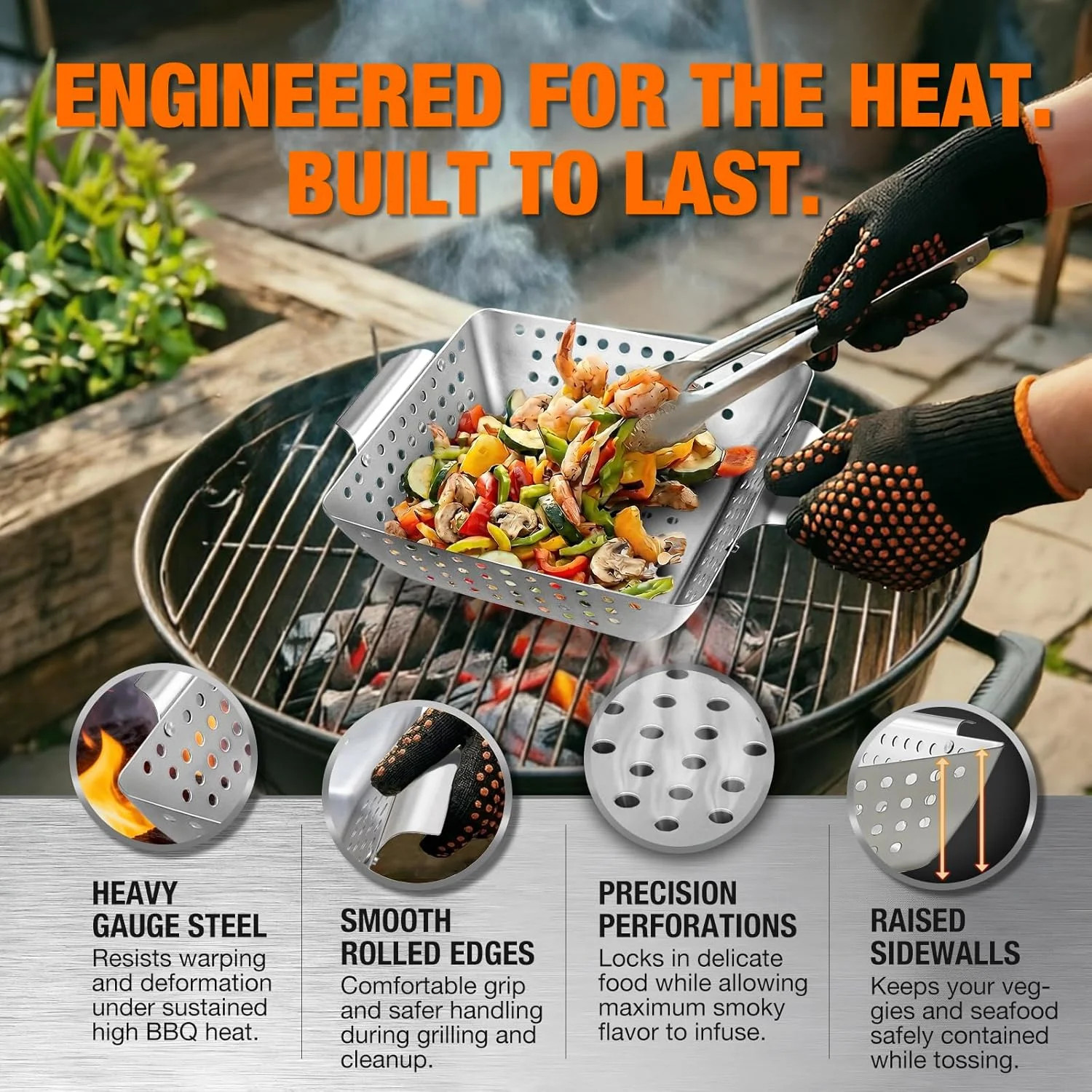 3 Piece Stainless Steel Grill Basket Set with Basting Brush, Heavy Duty Small Ve