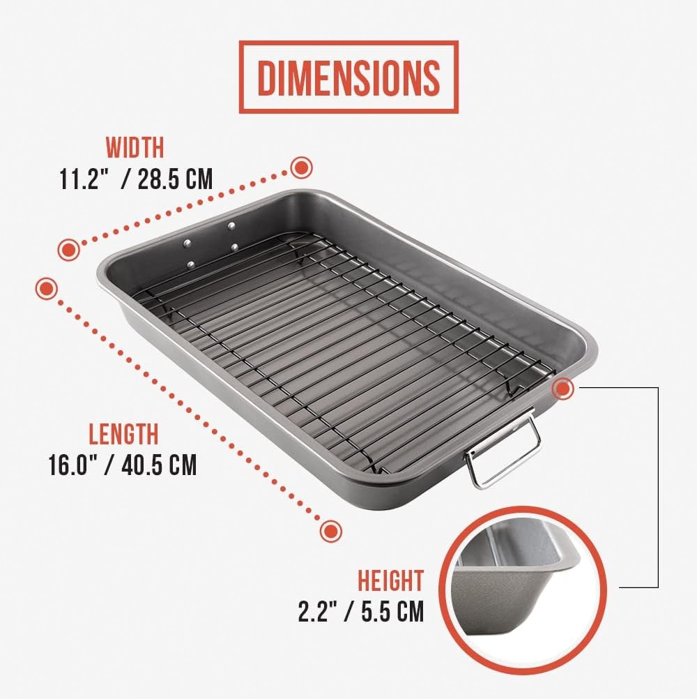 Chef Pomodoro Nonstick Roasting Pan with Rack Turkey Pan Grey