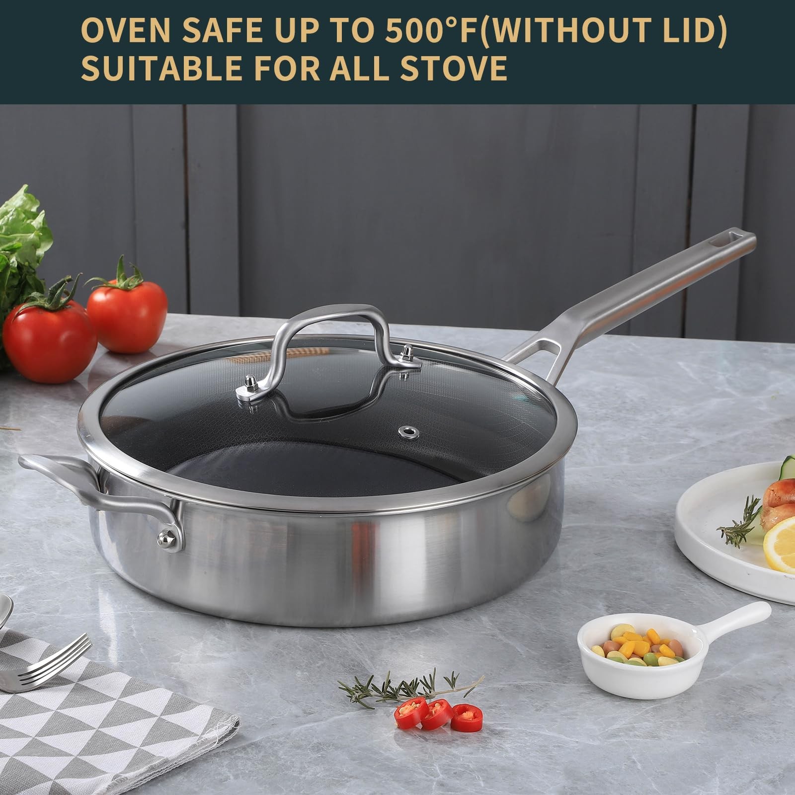 Yeksum 7 Quarts Saute Pan Lids Nonstick 12 Inch Deep Frying Pan Tri-Ply Large