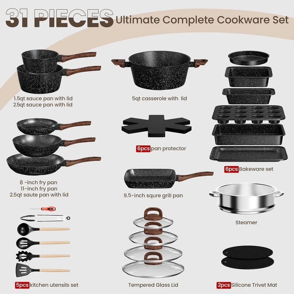Non Stick Pots and Pans Set Kitchen Cookware Bakeware Induction 31 Pcs