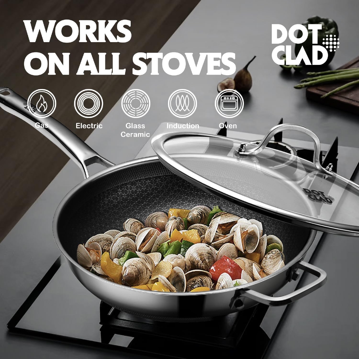 Wok pan,Hybrid 12 inch Wok with Lid, PFOA Free Cookware,non stick Stainless S…