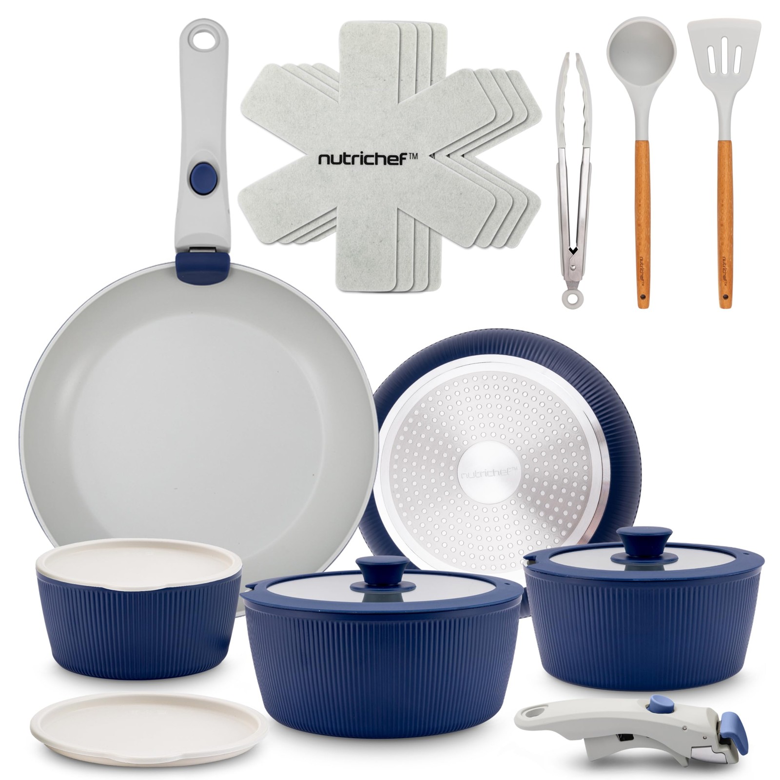 NutriChef 18-Piece Ceramic Cookware Set with Detachable Handles (Blue)
