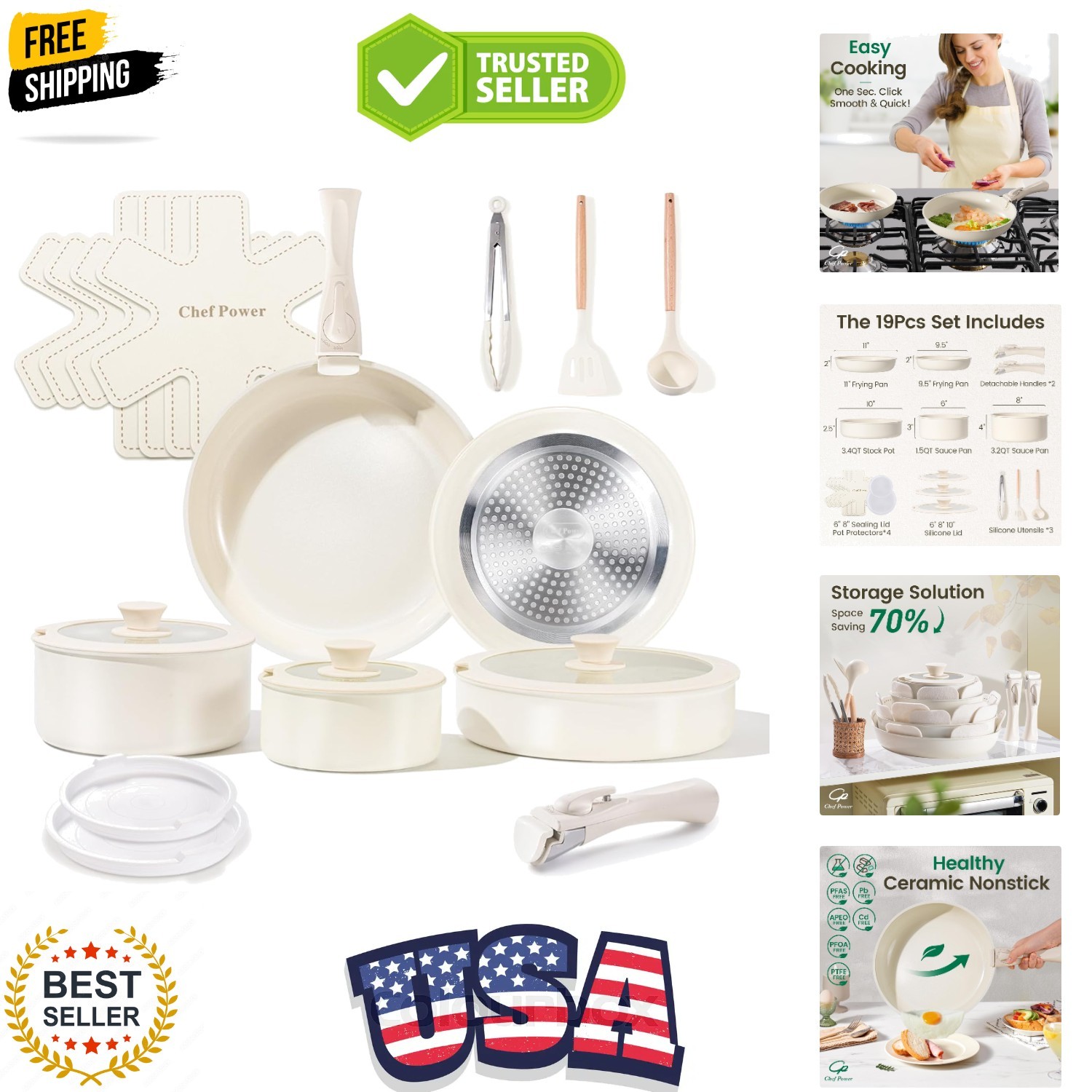 Ceramic Cookware Set Non Toxic with Detachable Handles, Healthy Nonstick Pans…