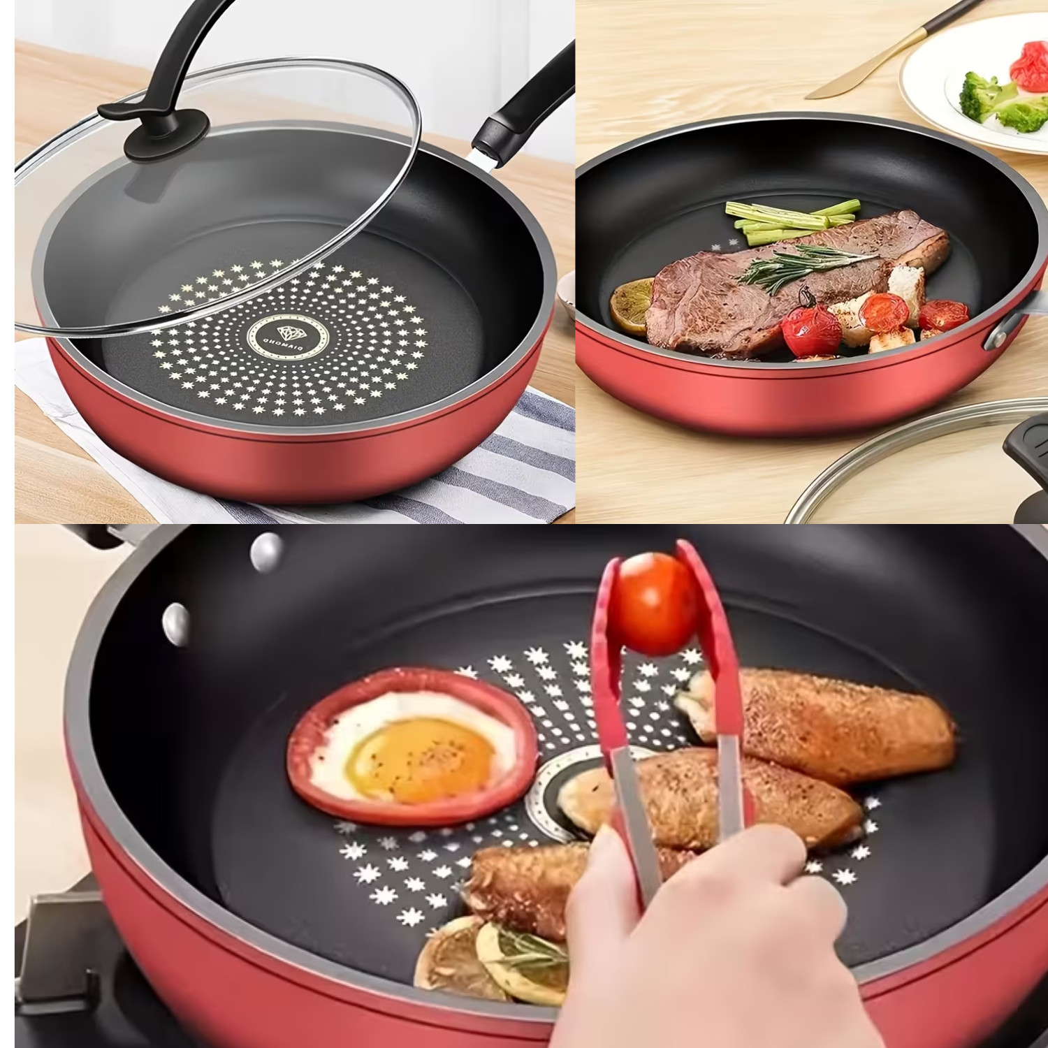 9.4″ Honeycomb Nonstick Frying Pan Food-Grade Stainless Steel Skillet w/ Spatula