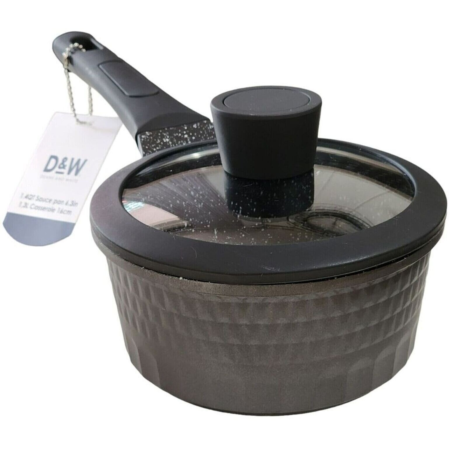 D&W Premium Cookware 7in Saucepan Casserole Nonstick With Glass Lid 1.9QT Black
